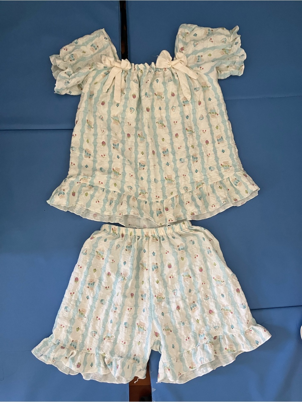 Cute white & blue striped bear pajama set